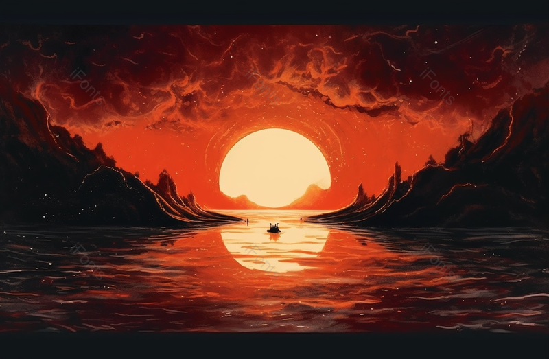 红色的夜晚背景圆月从水面海面升起两侧的山峰抽象手绘插画,插画/手绘图,插画/手绘图库,插画/手绘图下载,插画/手绘